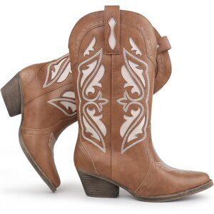 🆕Women's Brown Embroidered Pointed Toe Block Heel Cowgirl Western Booties